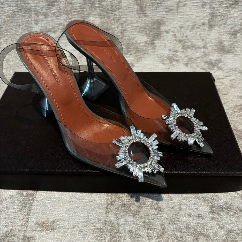 Amina Mauddi Begum grey glass sling back pumps
